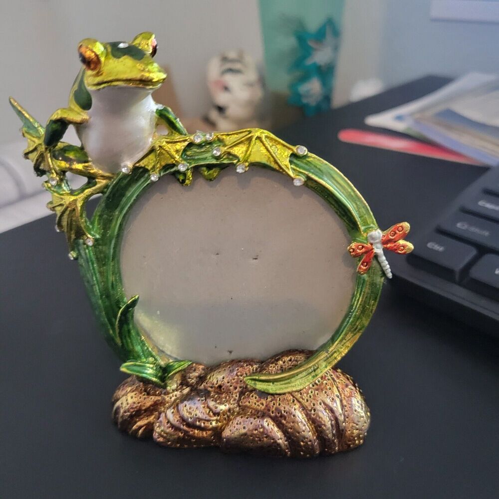 Frog dragonfly metal photo frame rhinestones cute office desk 2.5 x 2.25 round
